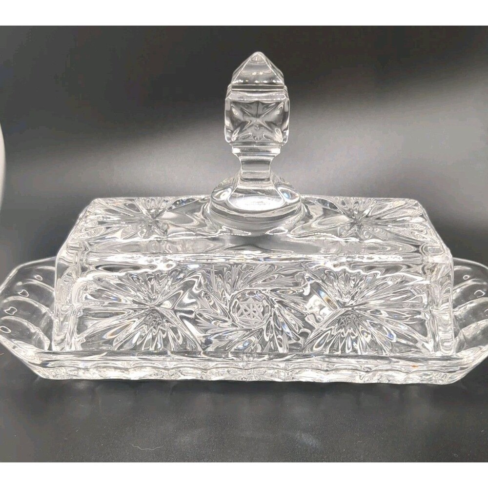 Vintage Hand Cut Crystal ELEANOR Covered Butter Dish Pinwheel Diamond Cut Design